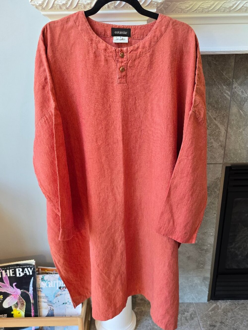 Eskandar Terracotta Orange 100% Linen Oversized Henley Tunic Top - Size 1